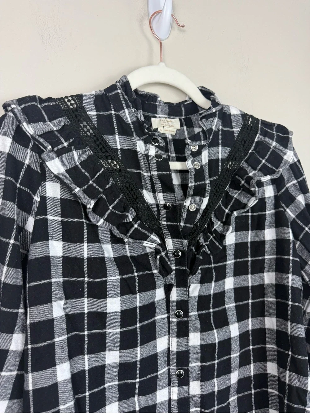 Kate Spade Top Small Black White Plaid Ruffle Button-Up Top Preppy Office Work